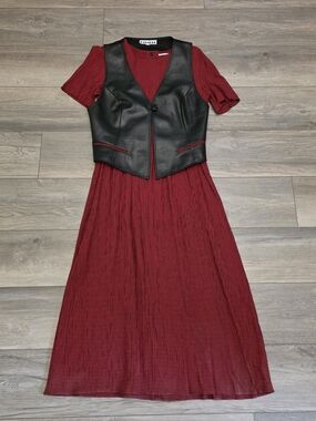 Panache Dress Vtg 70-80sRed Maxi with Black Faux Leather Vest